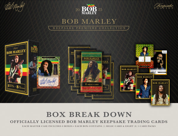 Bob Marley Keepsake Trading Card Box break down showing box contents, relic card, and trading card packs