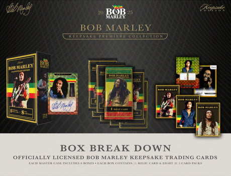 Bob Marley Keepsake Trading Card Box break down showing box contents, relic card, and trading card packs