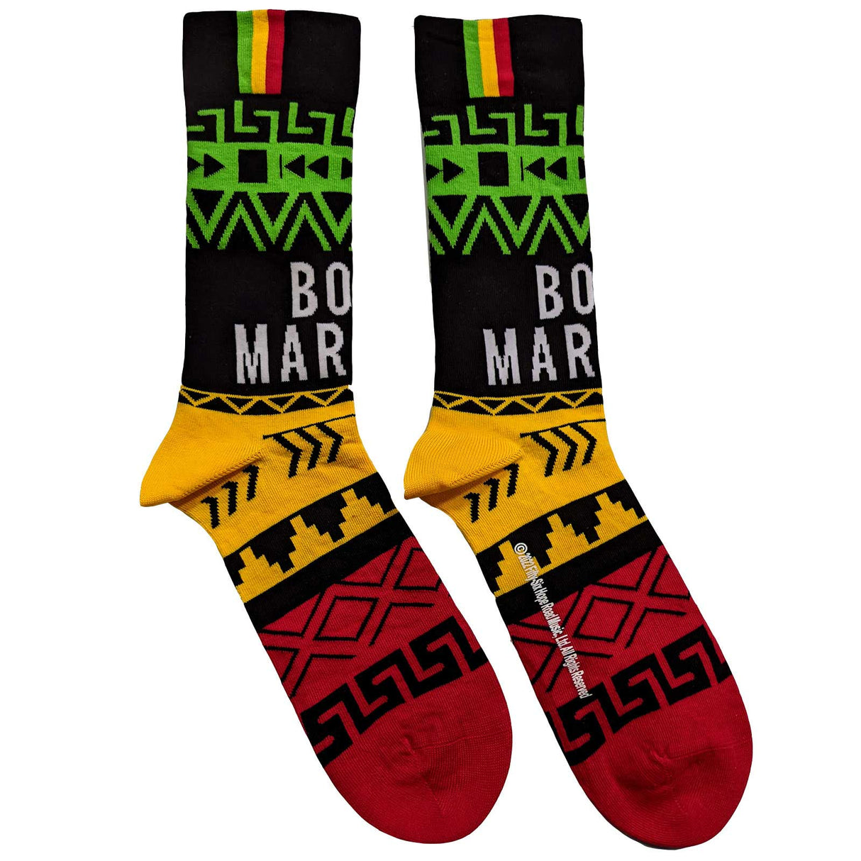 A pair of Bob Marley themed socks with a geometric pattern in black, red, yellow, and green colors.