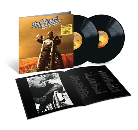 Bob Seger 'Face the Music' 2LP vinyl record album package, showing the illustrated album cover standing behind two black vinyl records, with the inner booklet spread open in front on a white background.