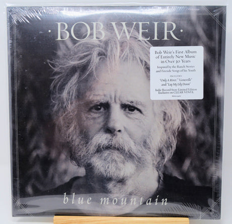 Bob Weir's 'Blue Mountain' vinyl record album, sealed in its original plastic shrink wrap. The cover features a black and white portrait of Bob Weir with his name in large white letters at the top and the album title at the bottom.