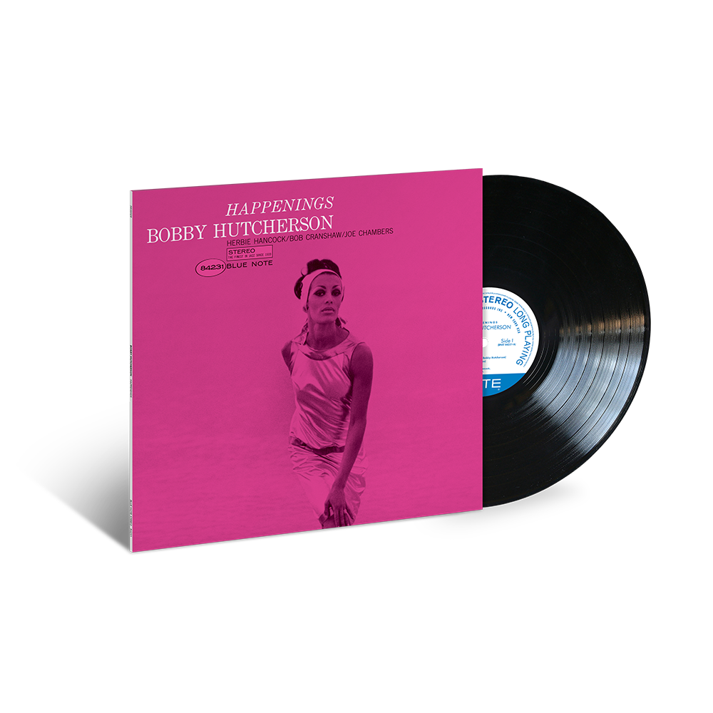 Vinyl record with pink cover featuring a person and album title 'Happenings' by Bobby Hutcherson.