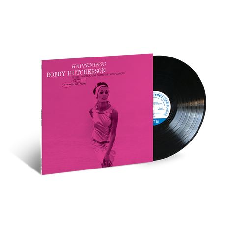 Vinyl record with pink cover featuring a person and album title 'Happenings' by Bobby Hutcherson.