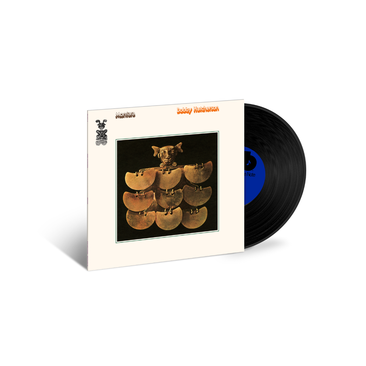 Vinyl record with cover featuring a stack of records and a bear, on a white background