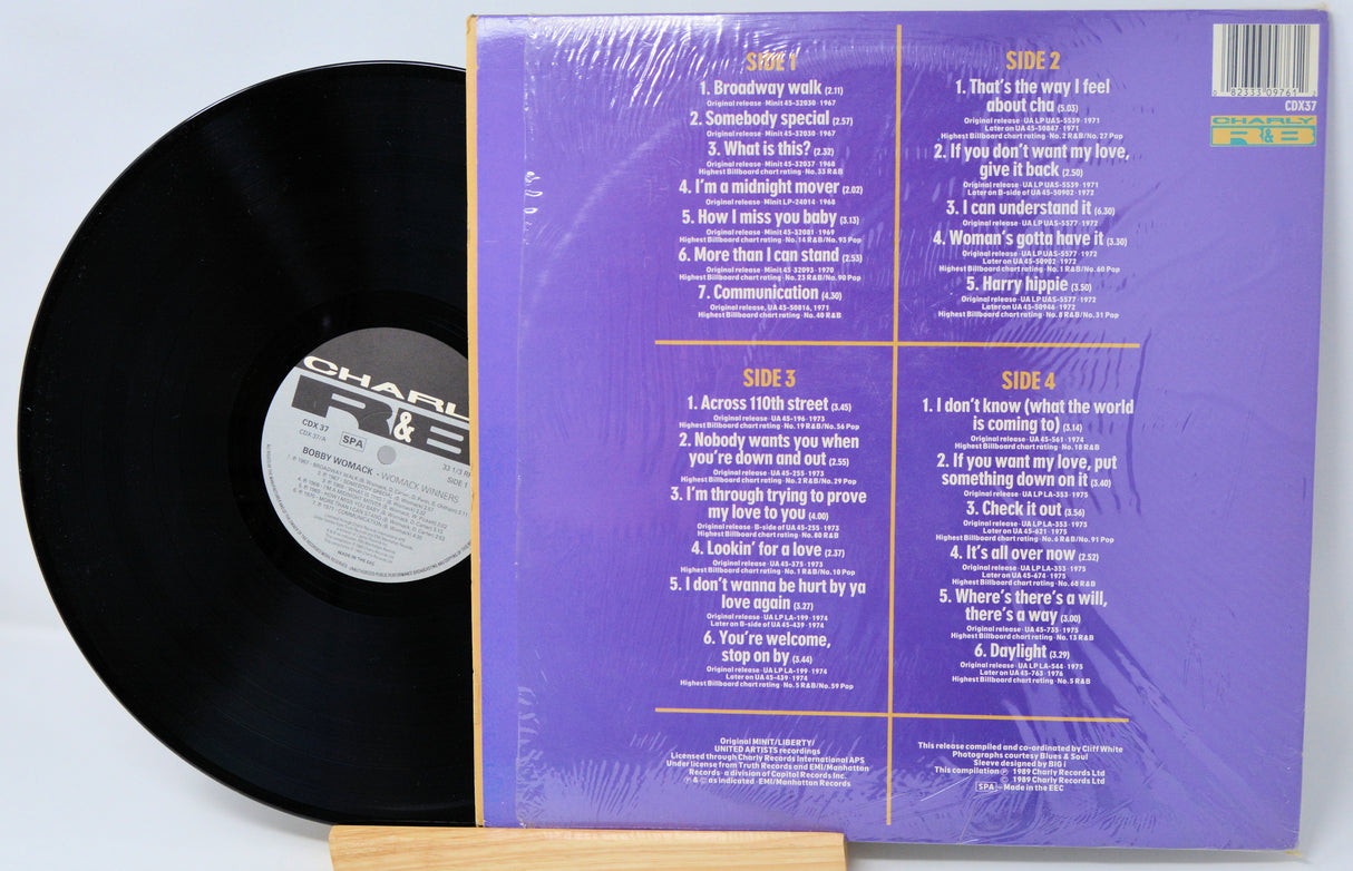 Vinyl record with purple cover displaying track listings on a white background
