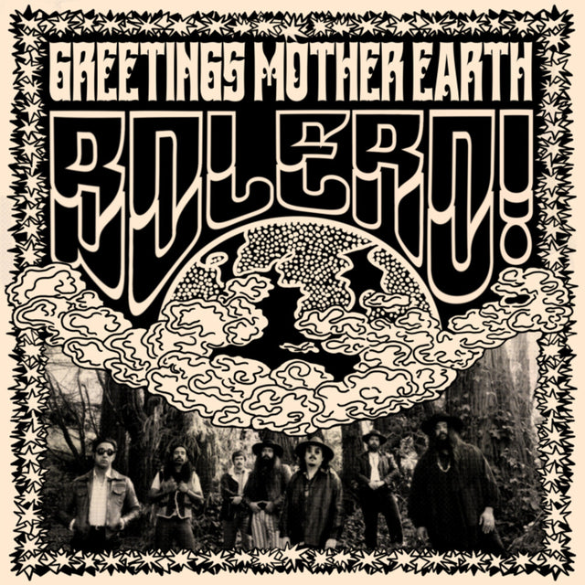Album cover with text 'Greetings Mother Earth' by the band 'Bulero!' and the group in a forest setting.