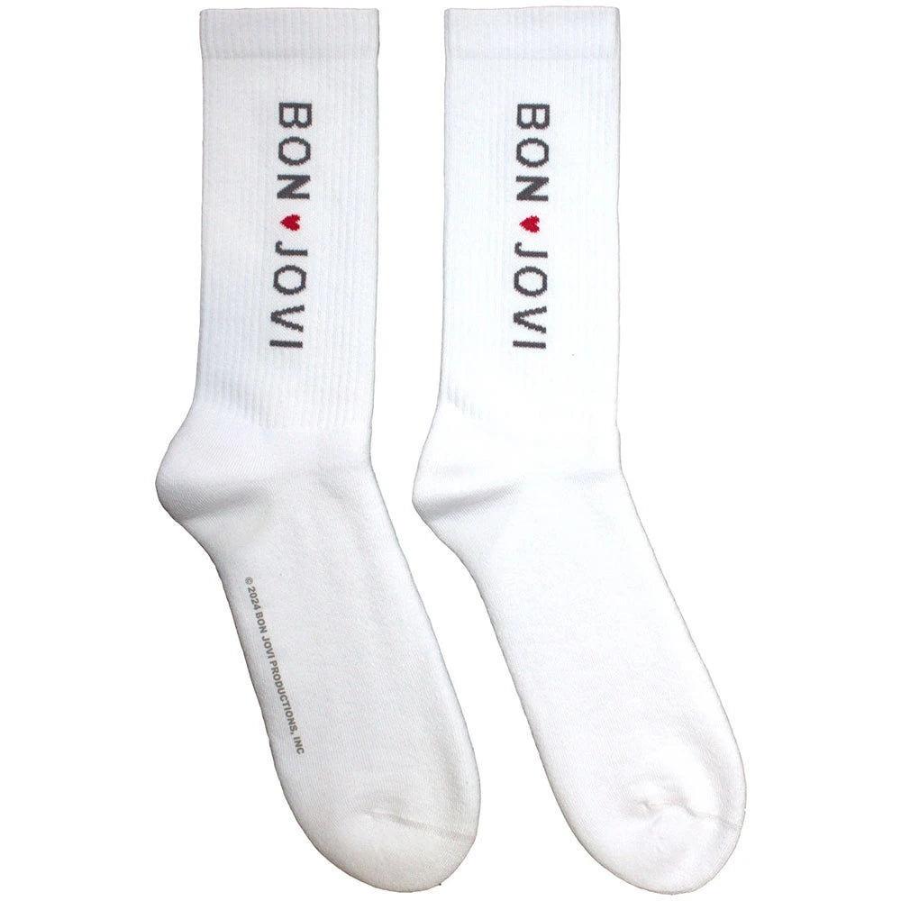 White socks with 'Bon Jovi' text on a white background