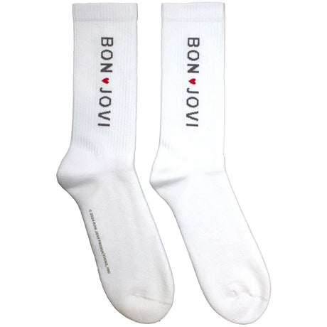 White socks with 'Bon Jovi' text on a white background