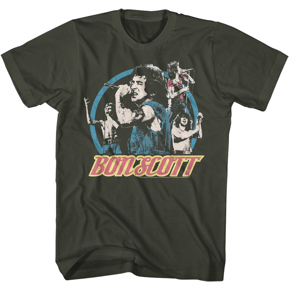 Vintage Bon Scott graphic t-shirt featuring multiple retro rock images and distressed logo design