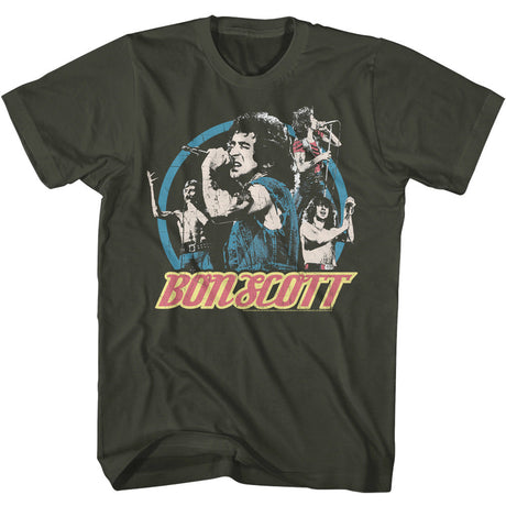 Vintage Bon Scott graphic t-shirt featuring multiple retro rock images and distressed logo design
