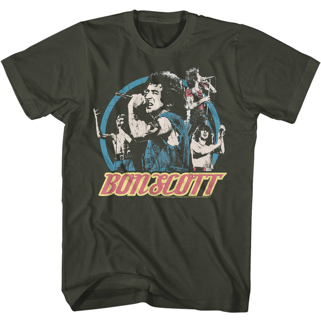 Vintage Bon Scott graphic t-shirt featuring multiple retro rock images and distressed logo design