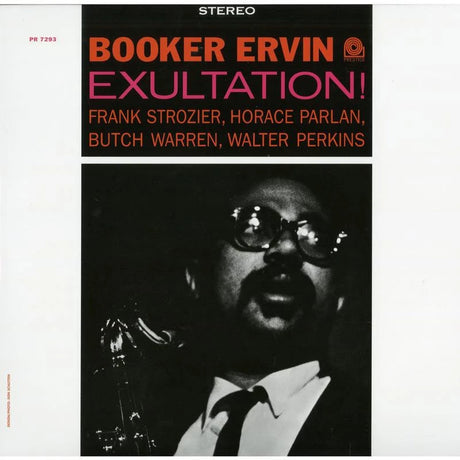 Booker Ervin - Exultation! album cover, featuring a black-and-white portrait of the musician with a saxophone, bold orange and pink title text, and a white border background.