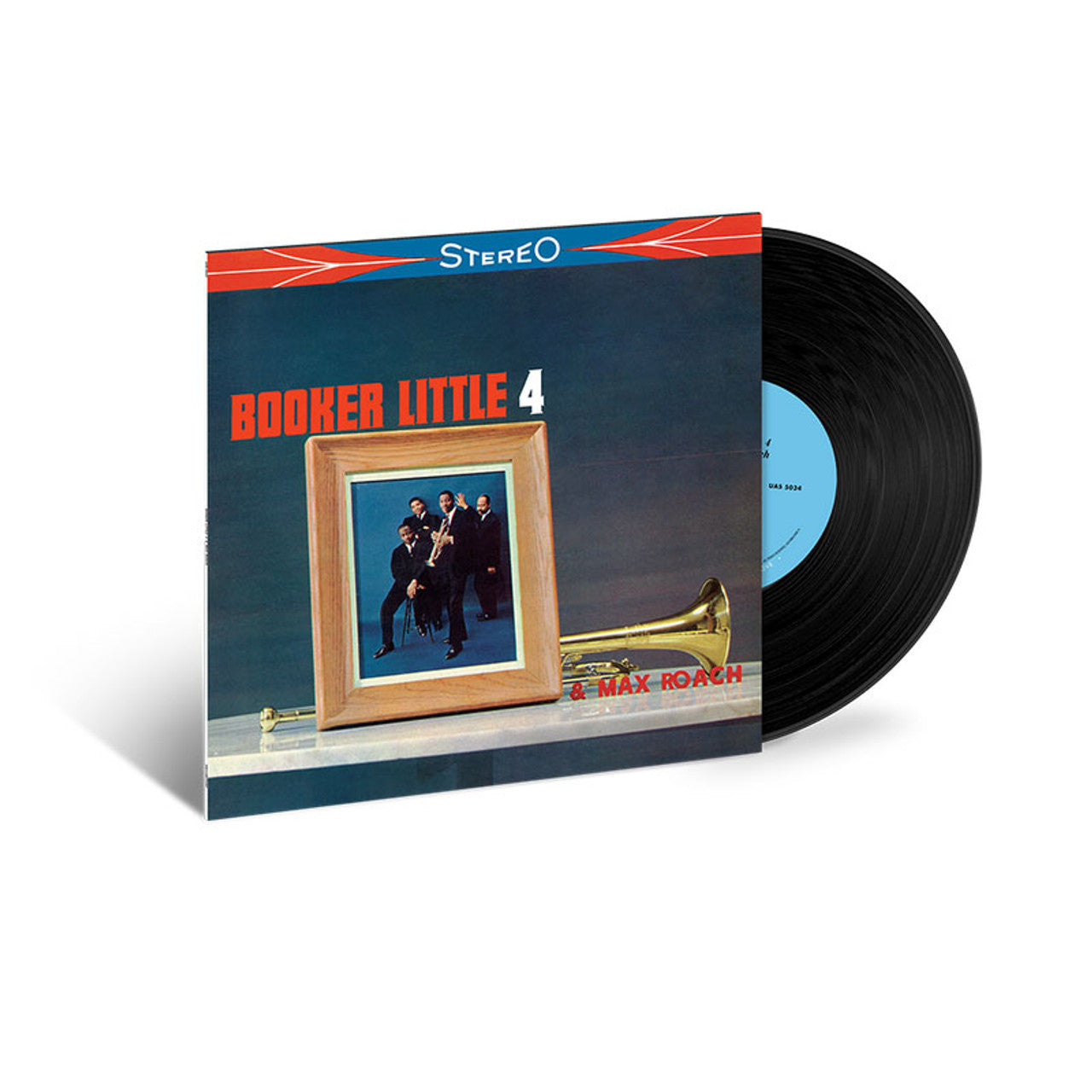 A vinyl record of 'Booker Little 4' with Max Roach, featuring a photo of the band on the cover. The record is labeled 'STEREO' and has 'BOOKER LITTLE 4' text along with the band's photo.