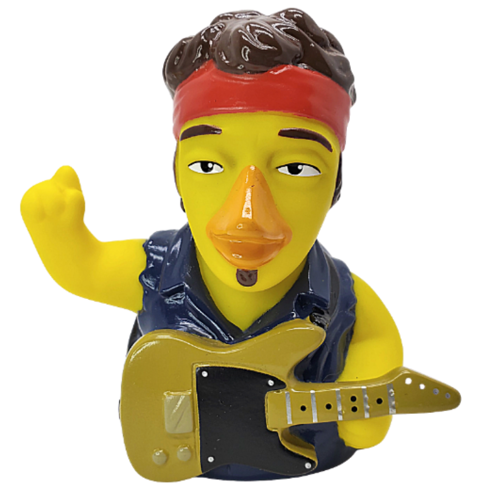Front view of Born To Sun rockstar duck with blue vest and guitar