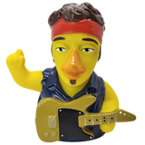 Front view of Born To Sun rockstar duck with blue vest and guitar
