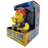 Born To Sun themed rubber duck in collector's box holding a guitar