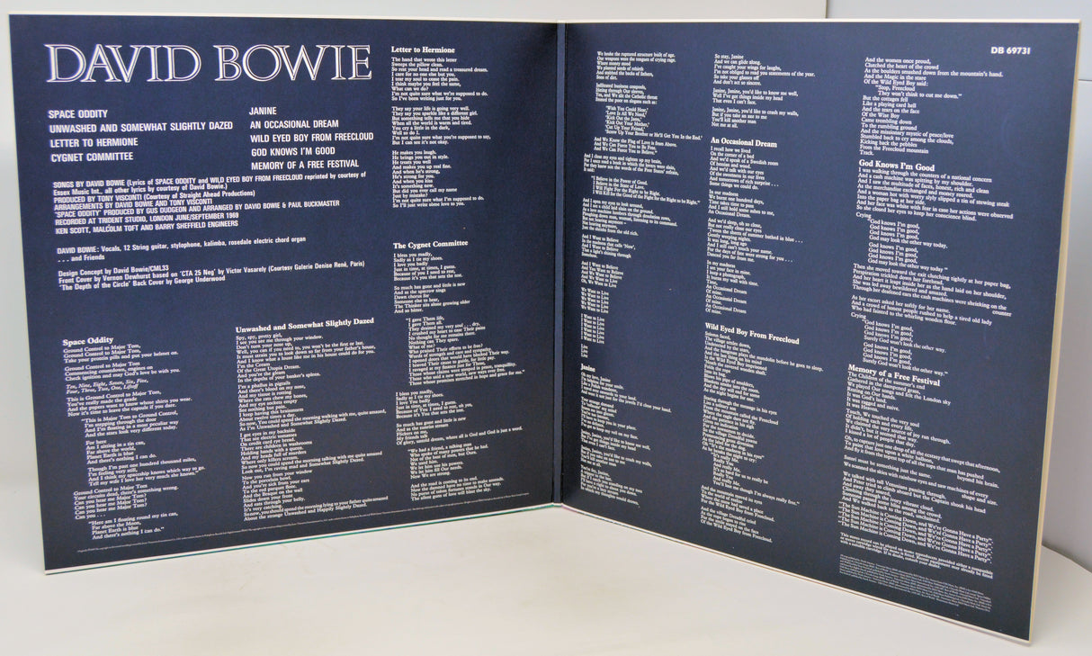 Back cover of a David Bowie album with text details on a white background