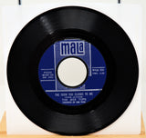 Black vinyl record with blue label on a white background
