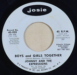 Close-up of Boys and Girls Together 45 RPM record by Johnny and the Expressions on Josie label