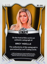 Trading card featuring a blonde woman with text about an authentic autograph and Leaf Trading Cards.