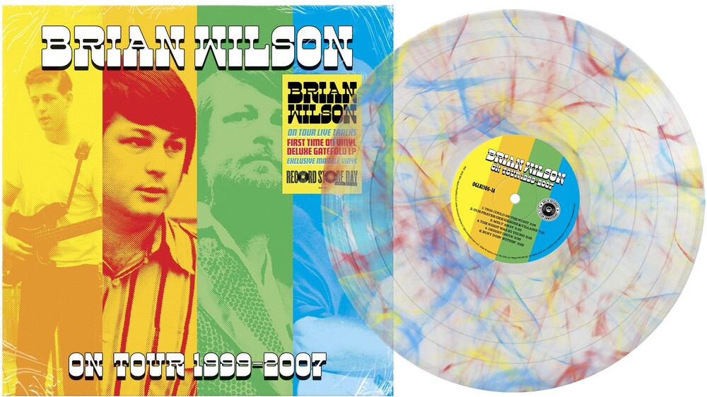 Vinyl record with a colorful swirl design and a cover featuring Brian Wilson with text.