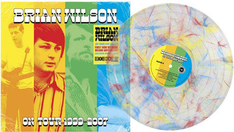 Vinyl record with a colorful swirl design and a cover featuring Brian Wilson with text.