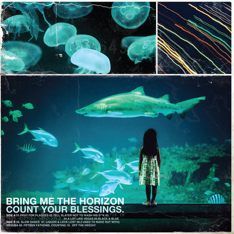 Collage of underwater scenes with jellyfish, shark, and person in a dress, featuring album cover text.