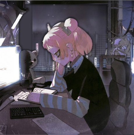 Animated character with pink hair sitting at a desk in a futuristic room.