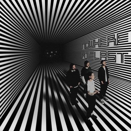 Album cover with a group of people standing in a tunnel-like room with black and white stripes and 'Nowhere At Last' text.