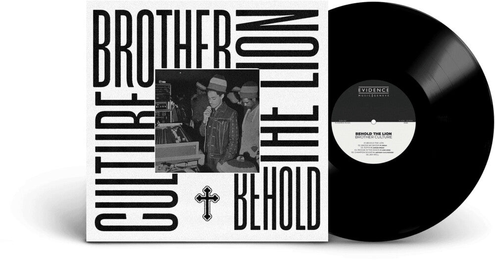 Vinyl record with 'Brother Lion' album cover featuring a black and white photo of a person holding a microphone.