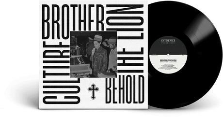 Vinyl record with 'Brother Lion' album cover featuring a black and white photo of a person holding a microphone.
