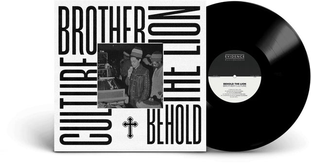 Vinyl record with 'Brother Lion' album cover featuring a black and white photo of a person holding a microphone.