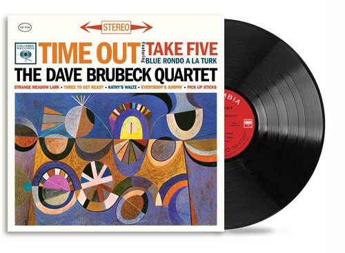 A vinyl record and cover for the album 'Time Out' by The Dave Brubeck Quartet featuring abstract colorful artwork.