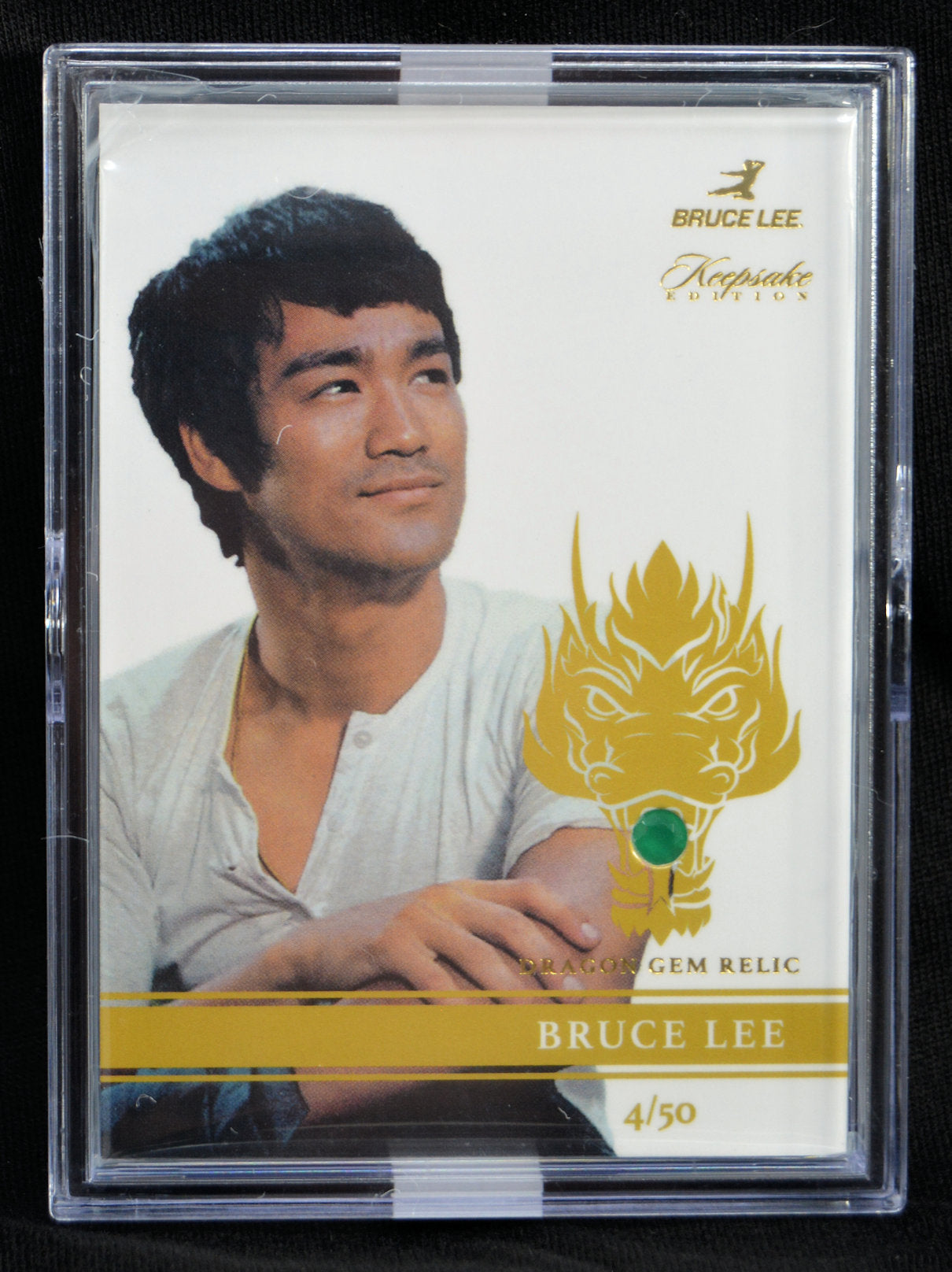 Bruce Lee Green Onyx Dragon Gem Relic collectible card, limited edition numbered 4/50