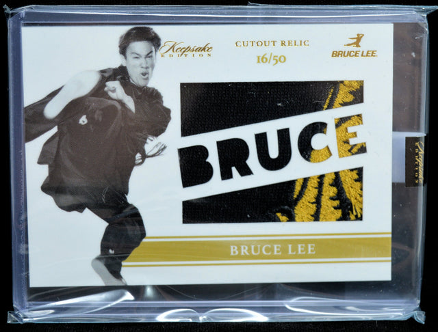 Limited edition Bruce Lee Keepsake Edition Cutout Relic card featuring action pose and patch with name.