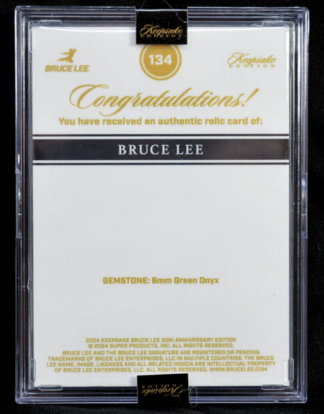 Keepsake Edition Bruce Lee authentic relic card certificate with details of green onyx gemstone