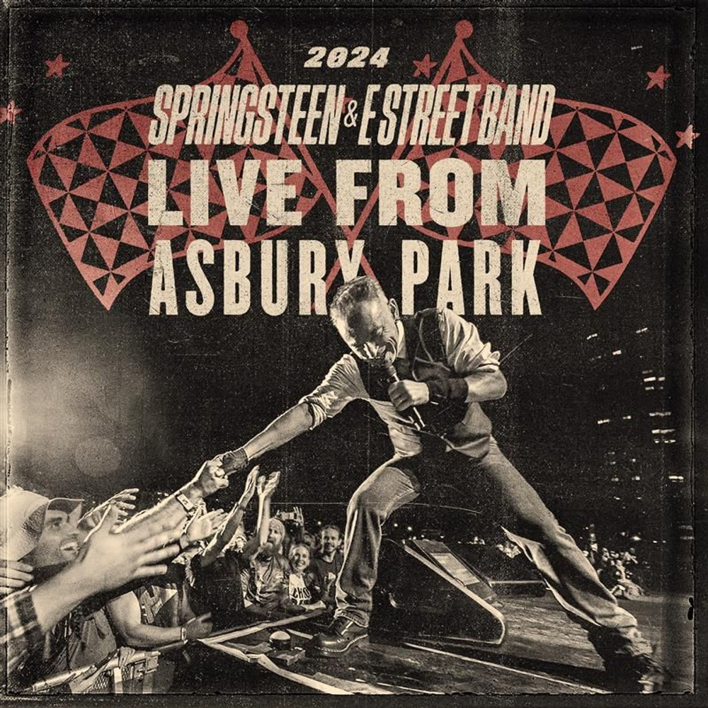 Album cover for Springsteen & E Street Band's 'Live from Asbury Park' with a concert scene and geometric design.