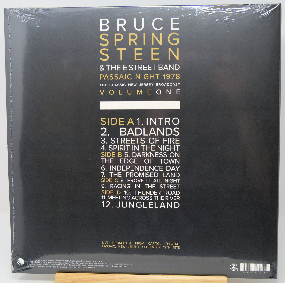 Bruce Springsteen & The E Street Band 'Passaic Night 1978' Volume One vinyl record sleeve, sealed in plastic shrink wrap, showing the black cover with gold and white text and tracklist details.