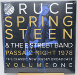 A square vinyl record sleeve for 'Ruce Springsteen & The Street Band: Passaic Night 1978' on a white background. The sleeve features a dark blue-toned photo of Bruce Springsteen, large gold and white text, and a circular 'Limited Edition' sticker in the top left corner.