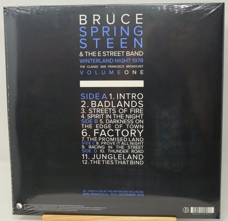 The back cover of Bruce Springsteen & The E Street Band's 'Winter Sand Night 1978' Volume 1 album, sealed in plastic shrink wrap, with a tracklist on a black background.