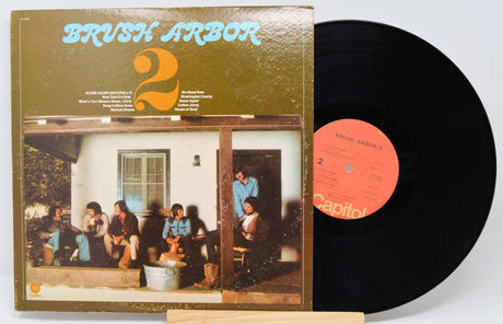 Front cover of Brush Arbor 2 vinyl LP showing band members on a porch