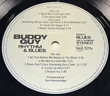 Closeup of Buddy Guy Rhythm & Blues vinyl record label with tracklist and album details