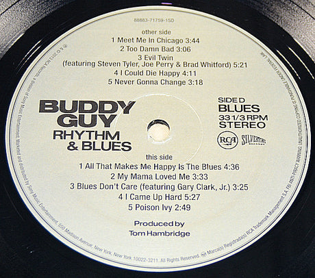 Closeup of Buddy Guy Rhythm & Blues vinyl record label with tracklist and album details