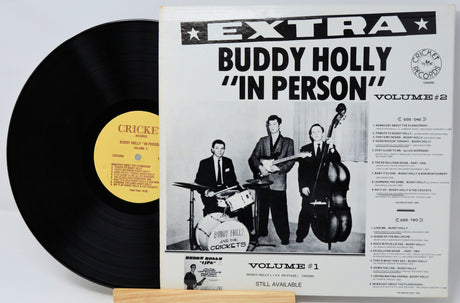 Vinyl record with cover featuring Buddy Holly and The Crickets, labeled 'Extra Buddy Holly In Person Volume 2'.