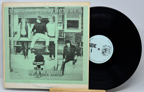 A vinyl record album shown with its cover jacket standing upright and the black record partially pulled out. The cover features a pale green-tinted photo of four people in front of a building, with the title Buffalo Springfield and the word Semperfe visible.