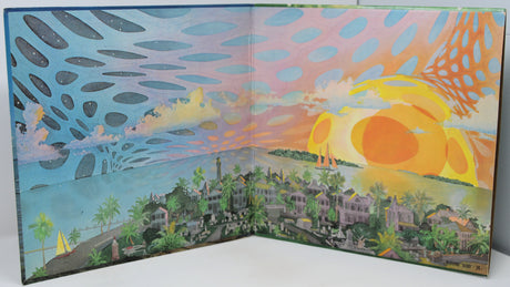 Colorful artwork of a coastal scene with a large sun and abstract patterns.