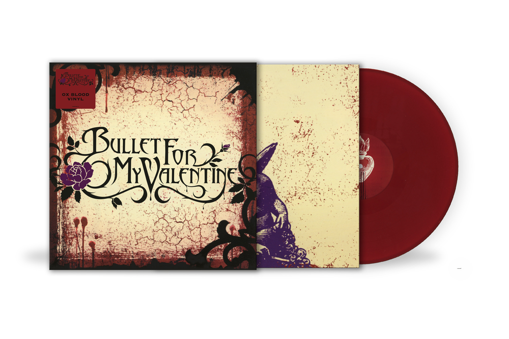 Vinyl record with 'Bullet For My Valentine' album cover featuring a purple flower and cracked texture.