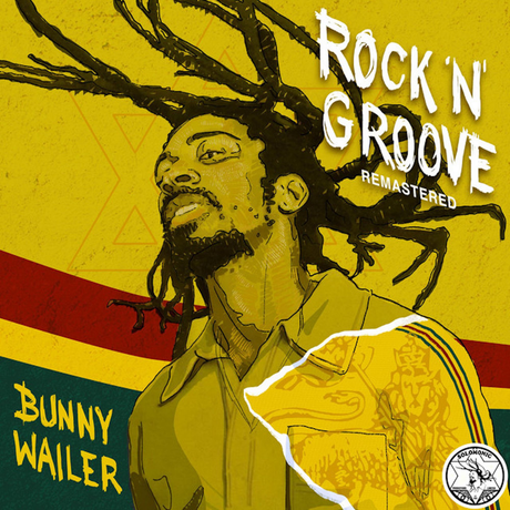Album cover for 'Rock 'N' Groove Remastered' by Bunny Wailer with a stylized illustration of a person with dreadlocks against a yellow background.