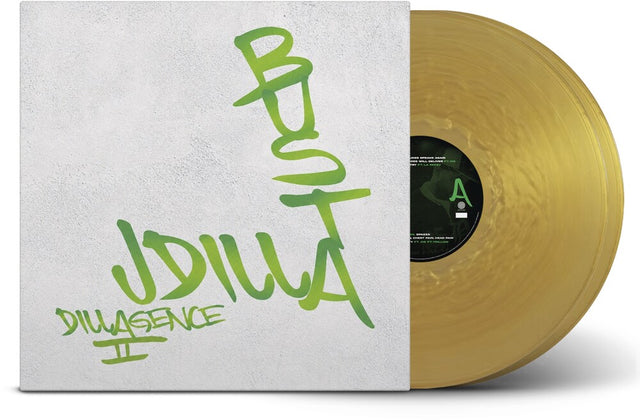 A vinyl record partially pulled from its sleeve, showing a translucent gold disc and a white sleeve with green graffiti-style text reading 'Busta JDilla' and 'Dillagence II'.