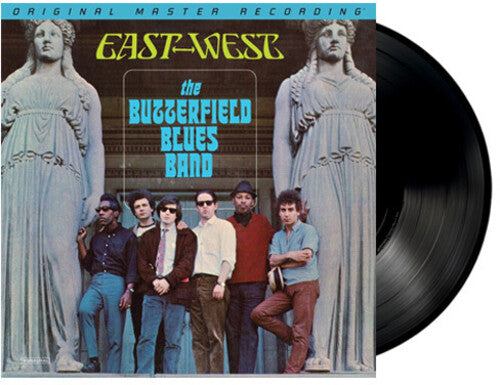 Vinyl record with cover featuring a band and classical statues, labeled 'East West' and 'The Butterfield Blues Band'.